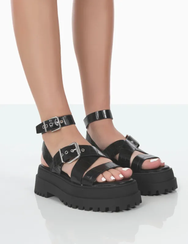 Follow Wide Fit Black PU Croc Chunky Buckle Sandals sold by Public Desire