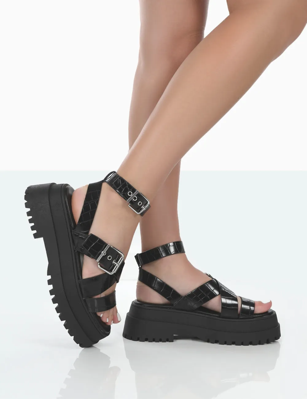 Follow Wide Fit Black PU Croc Chunky Buckle Sandals sold by Public Desire product image thumbnail 3