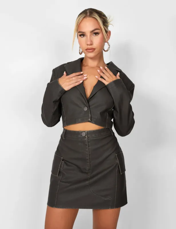 Kaiia Distressed Leather Look Cropped Blazer Co-ord in Brown sold by Public Desire