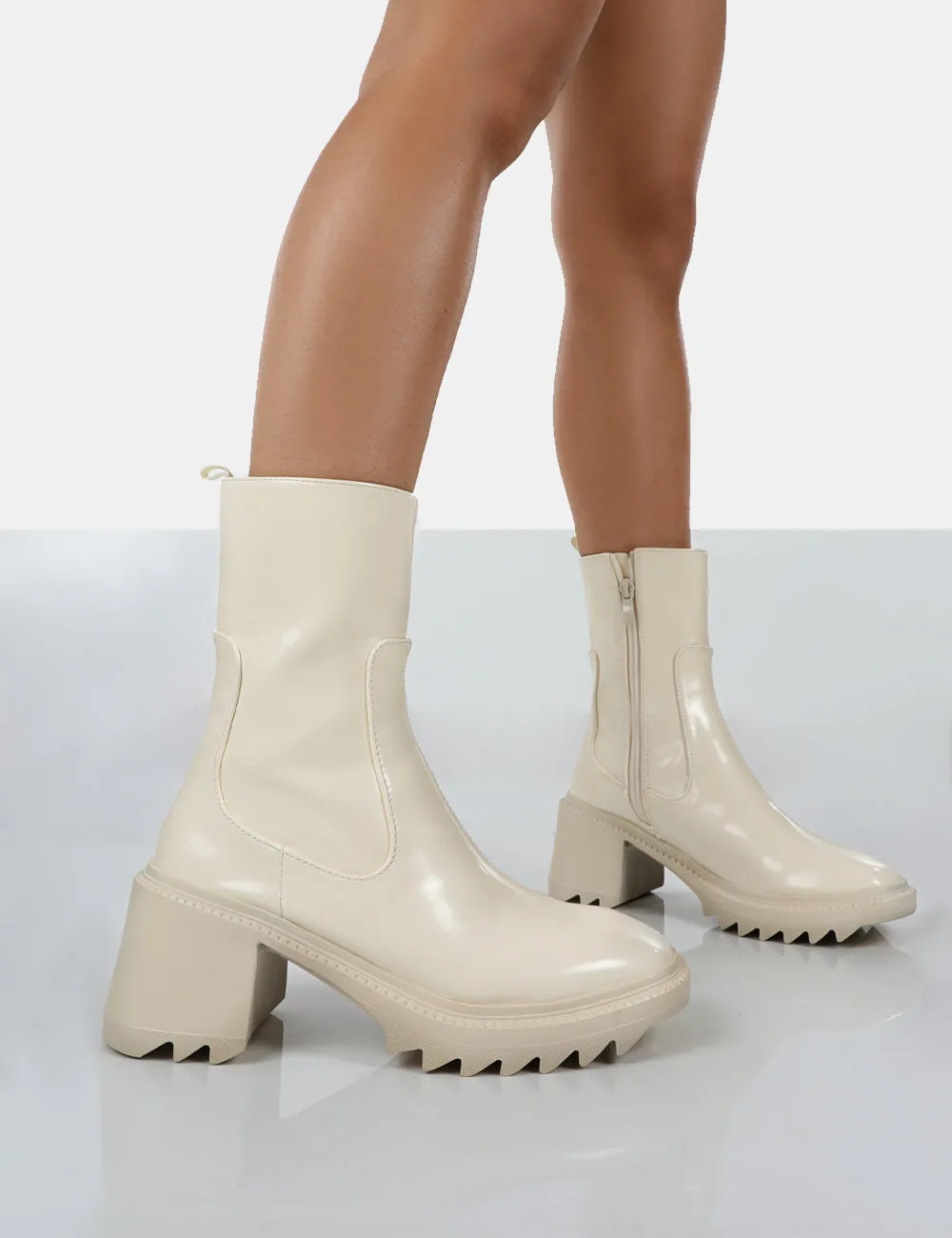 Sway Ecru PU Heeled Wellies Platform Chunky Sole Block Ankle Boots sold by Public Desire