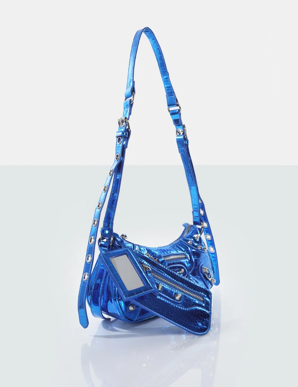 The Trackstar Metallic Blue Croc Pu Studded Mirror Zip Detail Handbag sold by Public Desire product image thumbnail 3