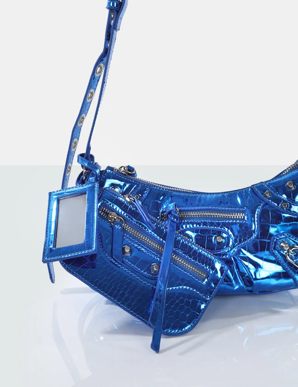 The Trackstar Metallic Blue Croc Pu Studded Mirror Zip Detail Handbag sold by Public Desire product image thumbnail 2