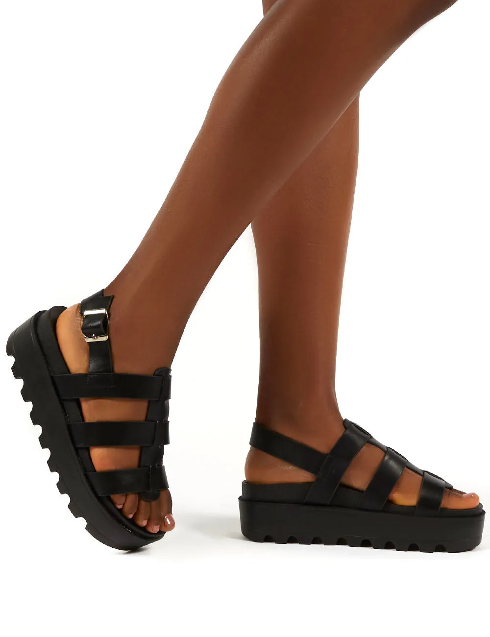 Coco Black Pu Triple Strap Gladiator Platform Sandals sold by Public Desire