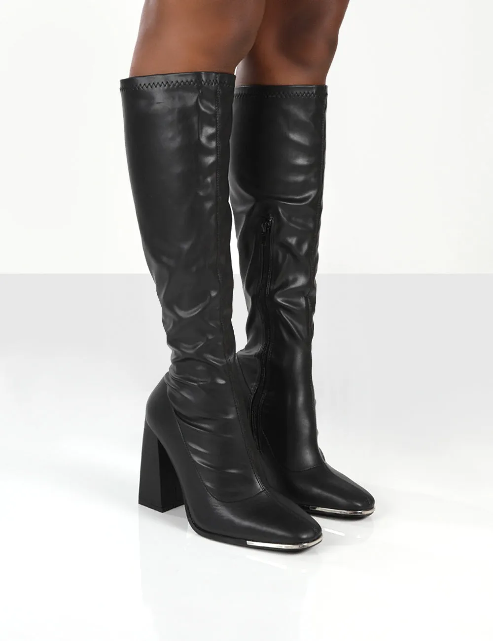 Caryn Black Pu Wide Fit Knee High Block Heeled Boot sold by Public Desire
