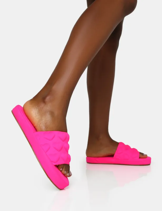 Bestie Neon Pink Nylon Embossed Heart Slider Sandals sold by Public Desire