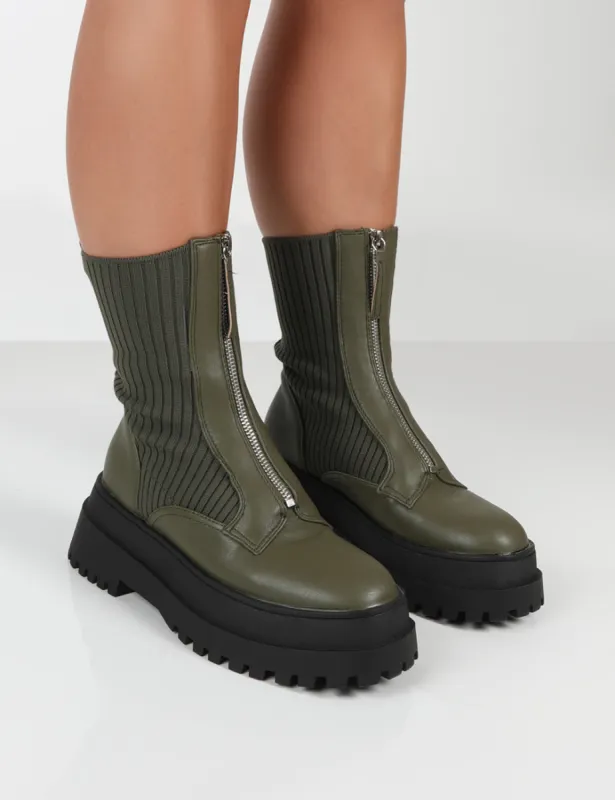 Code Khaki PU Chunky Zip Up Detail Ankle Boots sold by Public Desire
