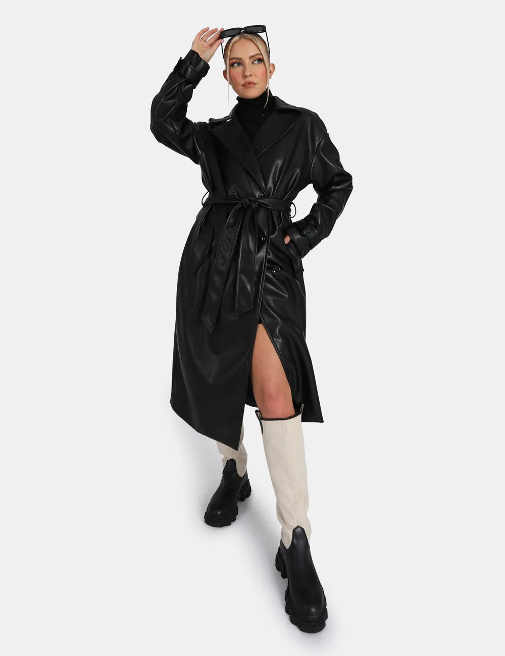 Longline Pu Belted Black Trench sold by Public Desire