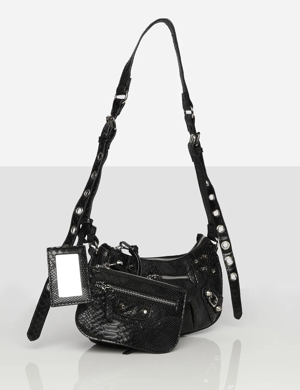 The Trackstar Black Croc Pu Studded Mirror Zip Detail Handbag sold by Public Desire product image thumbnail 2