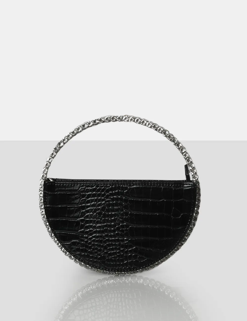 The Alessia Black Croc Circle Diamante Mini Handbag sold by Public Desire