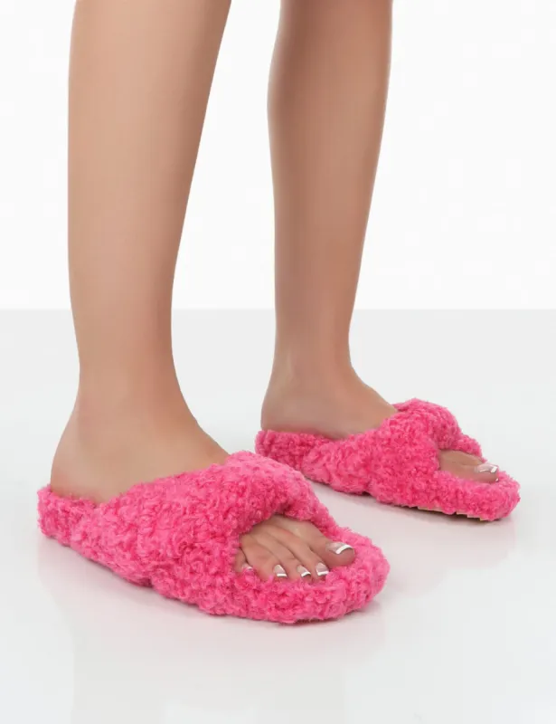 Slumber Pink Teddy Cross Over Strap Slippers sold by Public Desire