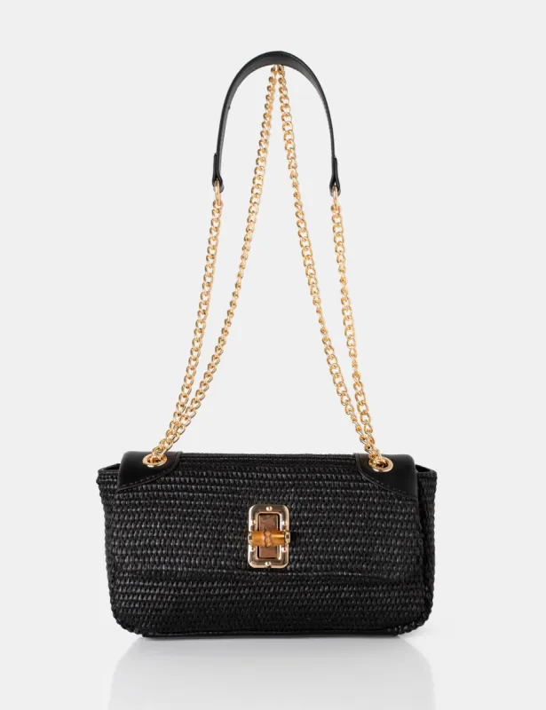 The Mara Black Raffia Gold Chain Detail Adjustable Shoulder Bag sold by Public Desire