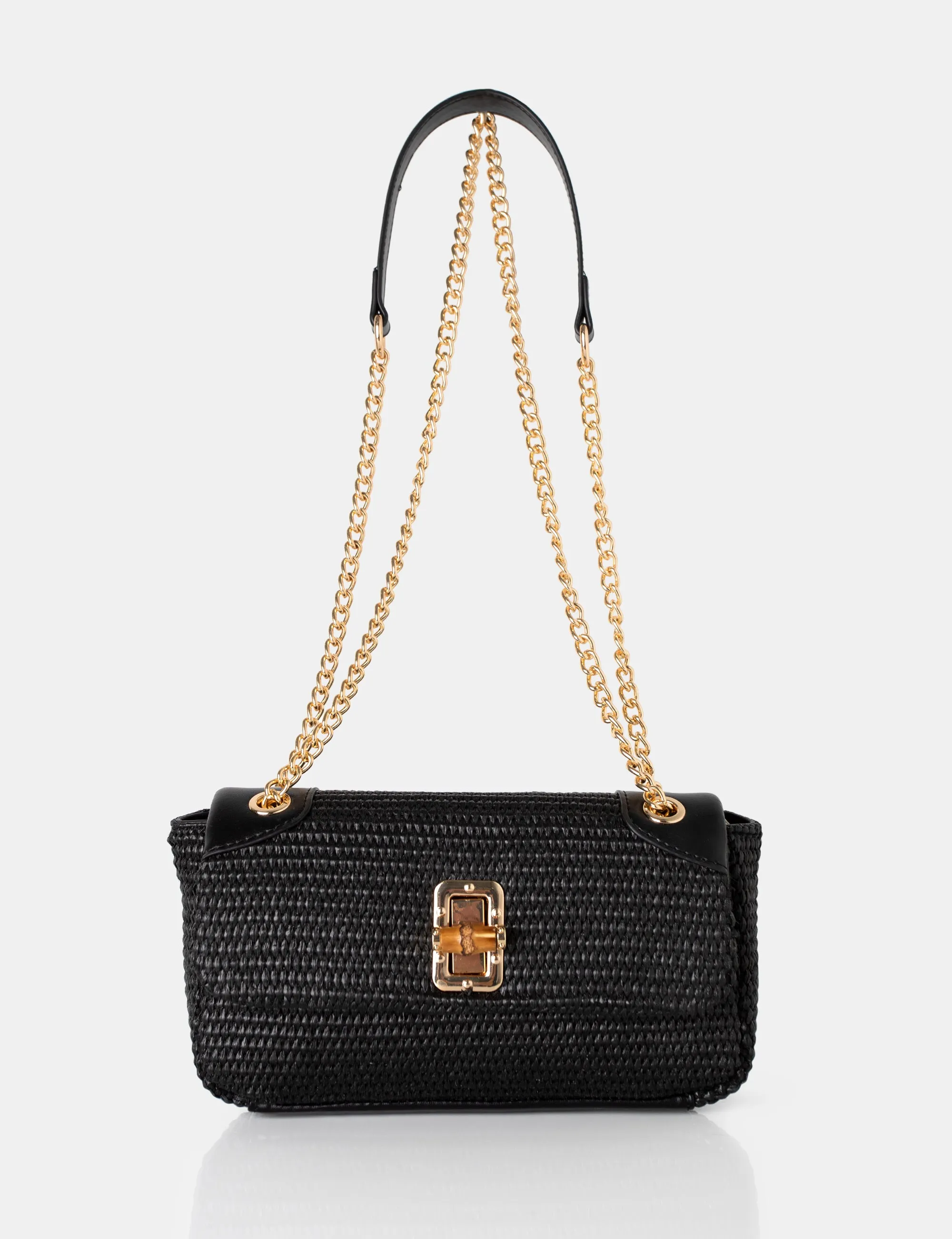 The Mara Black Raffia Gold Chain Detail Adjustable Shoulder Bag sold by Public Desire
