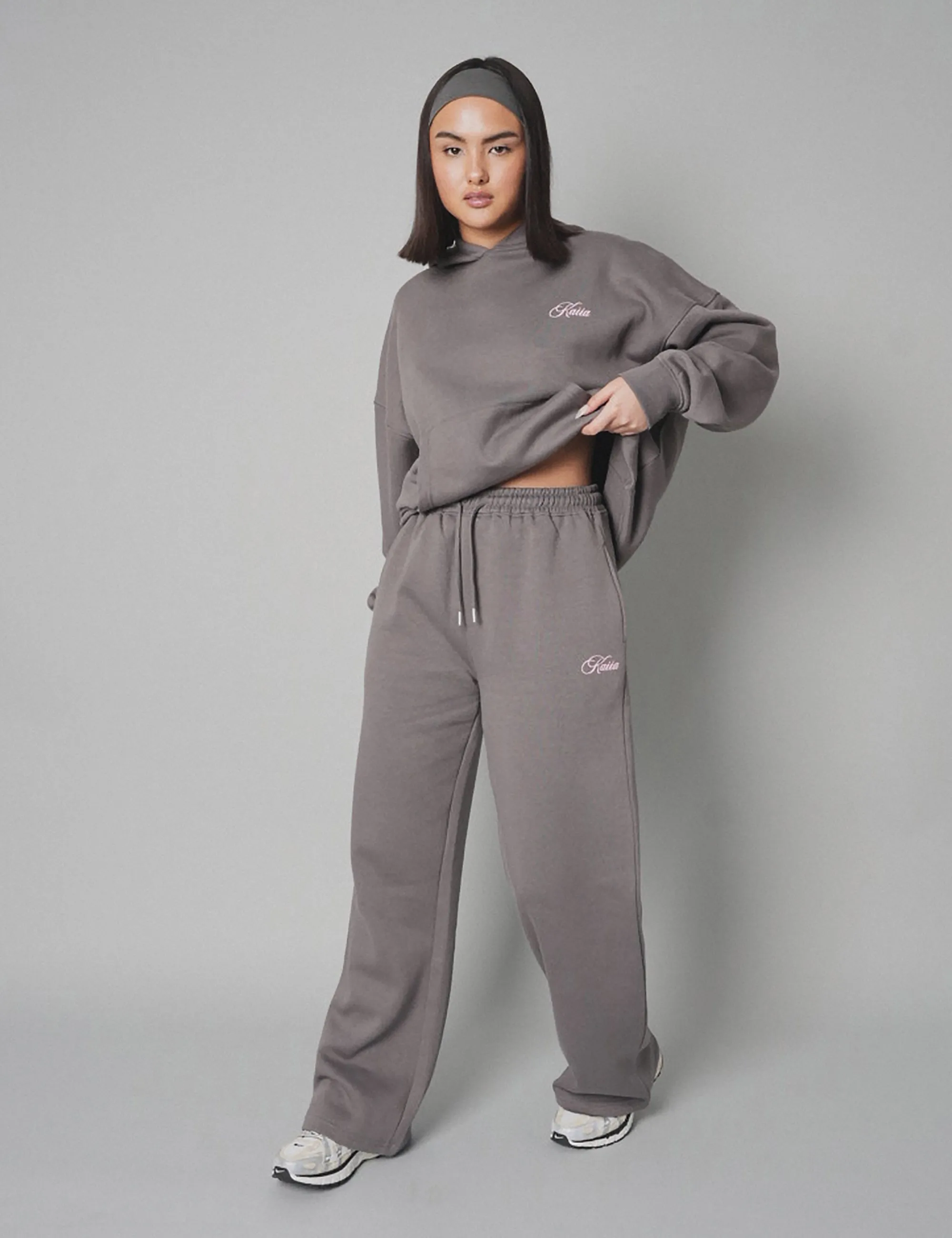 Kaiia The Label Logo Wide Leg Joggers Dark Grey With Pink sold by Public Desire