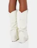 Sheriff White Pu Western Inspired Fold Over Pointed Toe Block Heeled Cowboy Knee High Boots sold by Public Desire