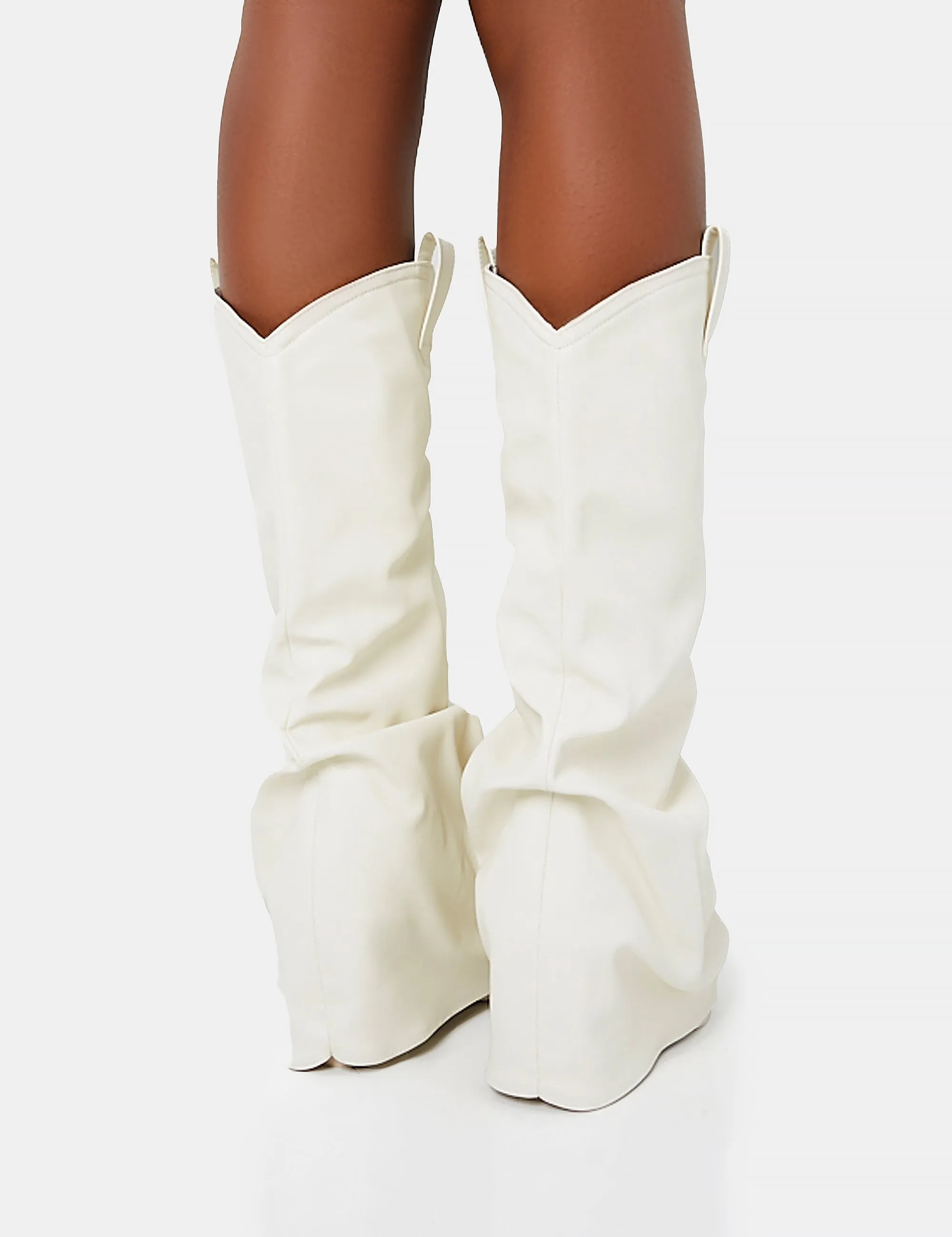 Sheriff White Pu Western Inspired Fold Over Pointed Toe Block Heeled Cowboy Knee High Boots sold by Public Desire product image thumbnail 4