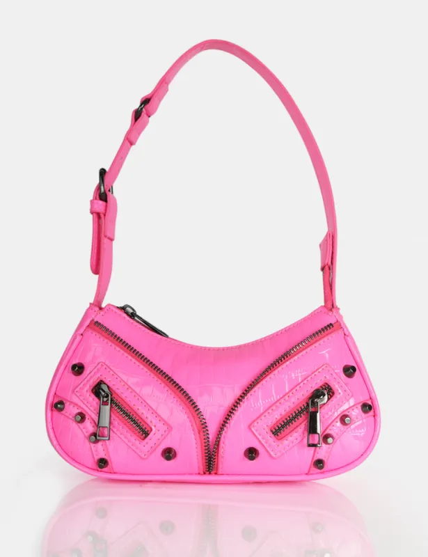The Candice Zip Detailed Pink Croc Shoulder Bag sold by Public Desire
