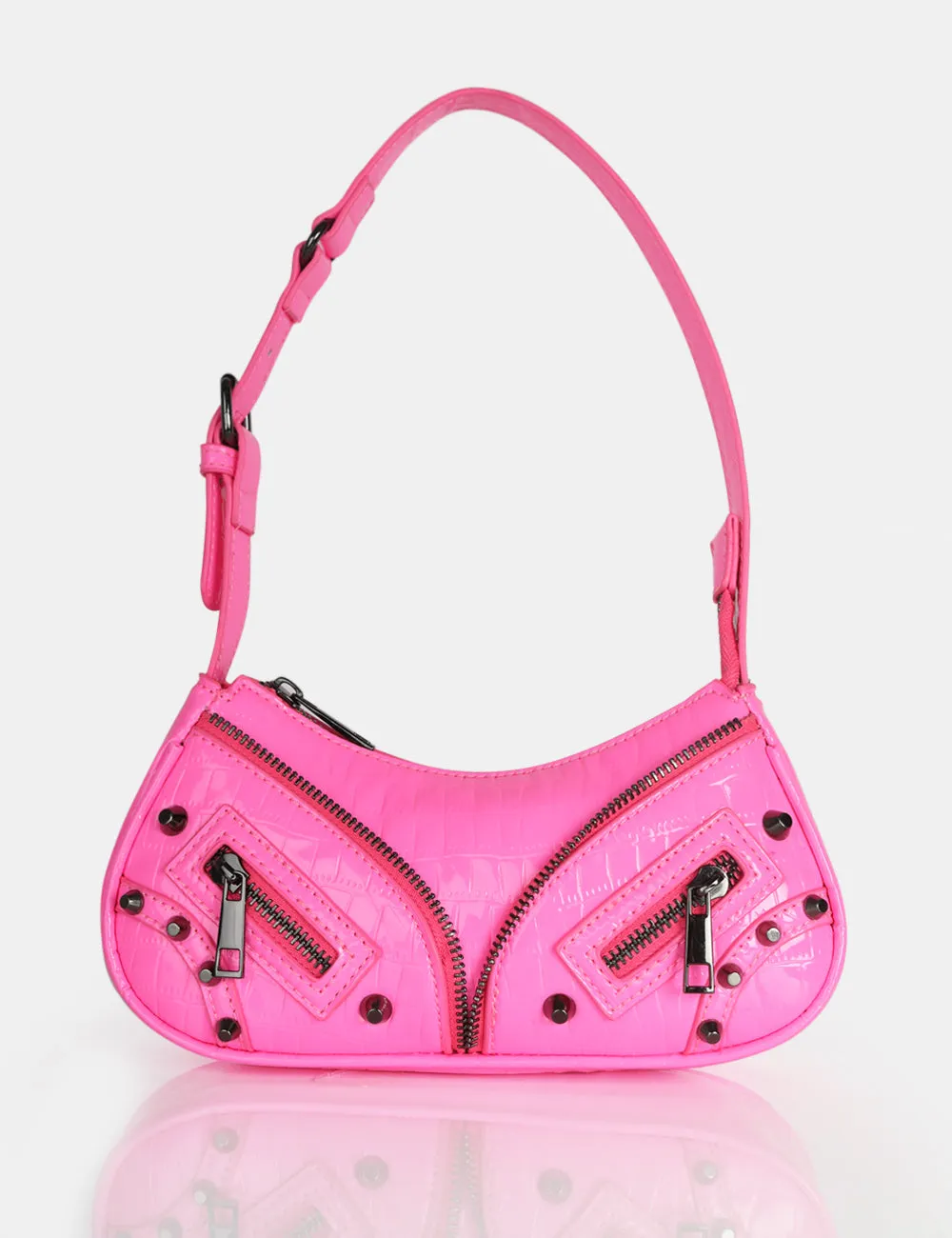 The Candice Zip Detailed Pink Croc Shoulder Bag sold by Public Desire