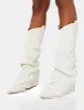 Sheriff White Pu Western Inspired Fold Over Pointed Toe Block Heeled Cowboy Knee High Boots sold by Public Desire
