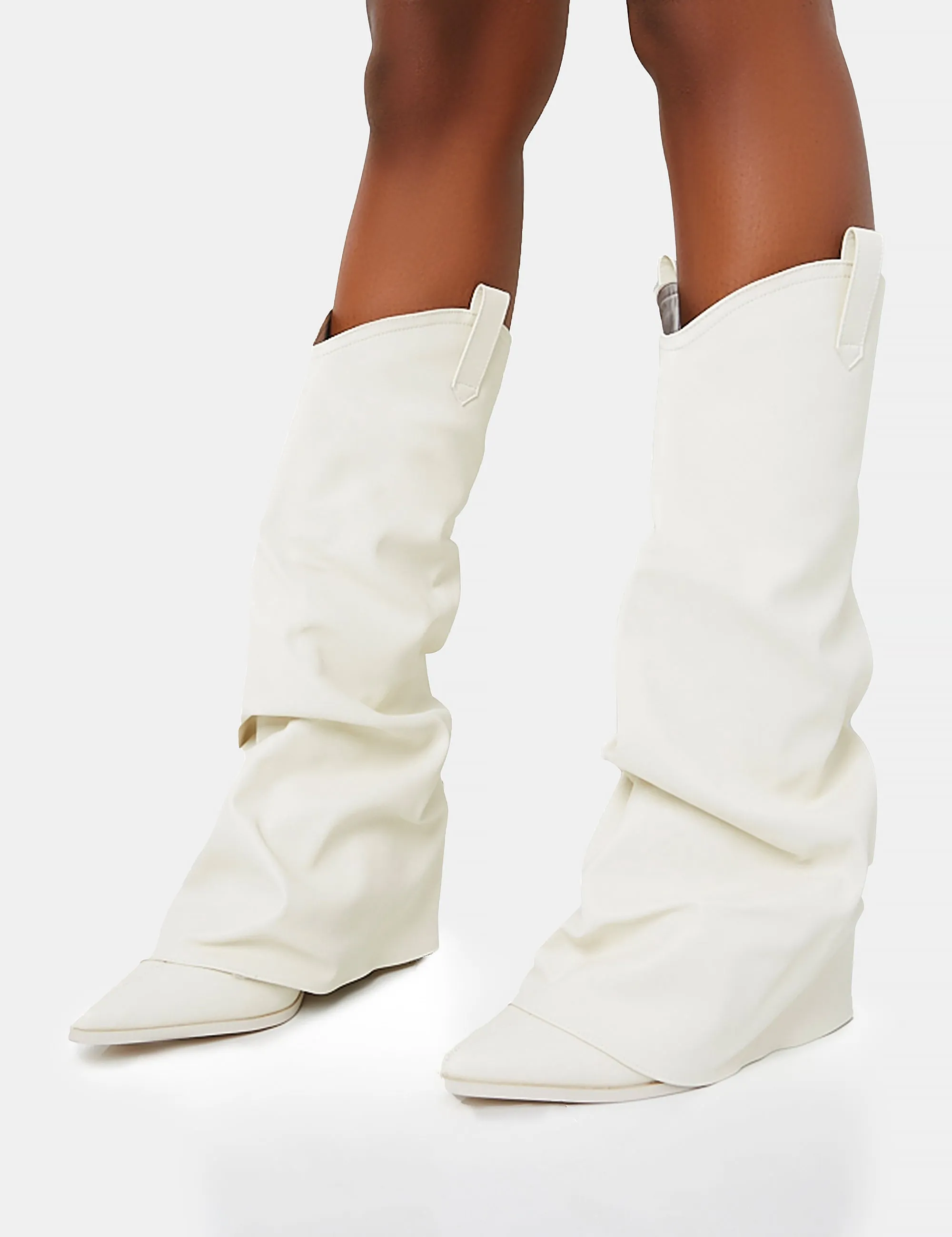 Sheriff White Pu Western Inspired Fold Over Pointed Toe Block Heeled Cowboy Knee High Boots sold by Public Desire product image thumbnail 3