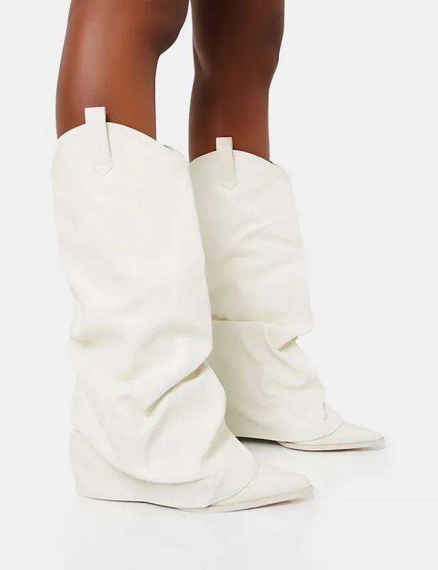 Sheriff White Pu Western Inspired Fold Over Pointed Toe Block Heeled Cowboy Knee High Boots sold by Public Desire