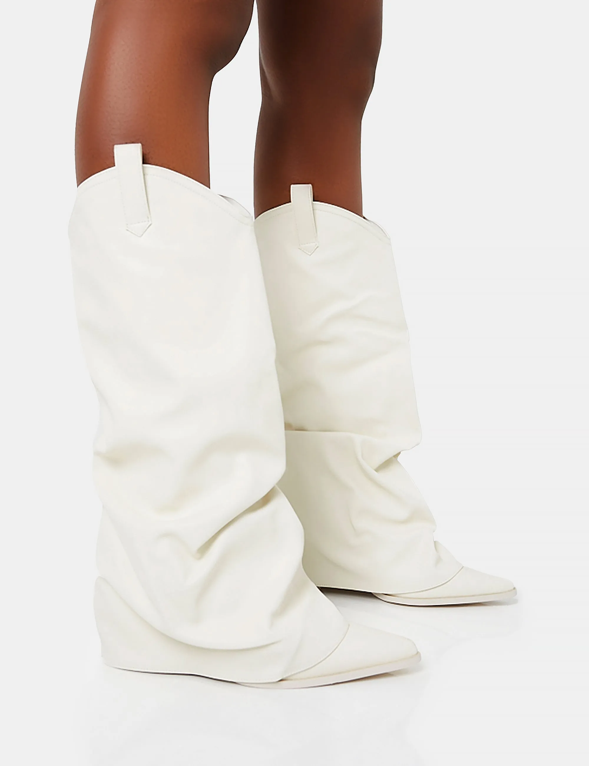 Sheriff White Pu Western Inspired Fold Over Pointed Toe Block Heeled Cowboy Knee High Boots sold by Public Desire