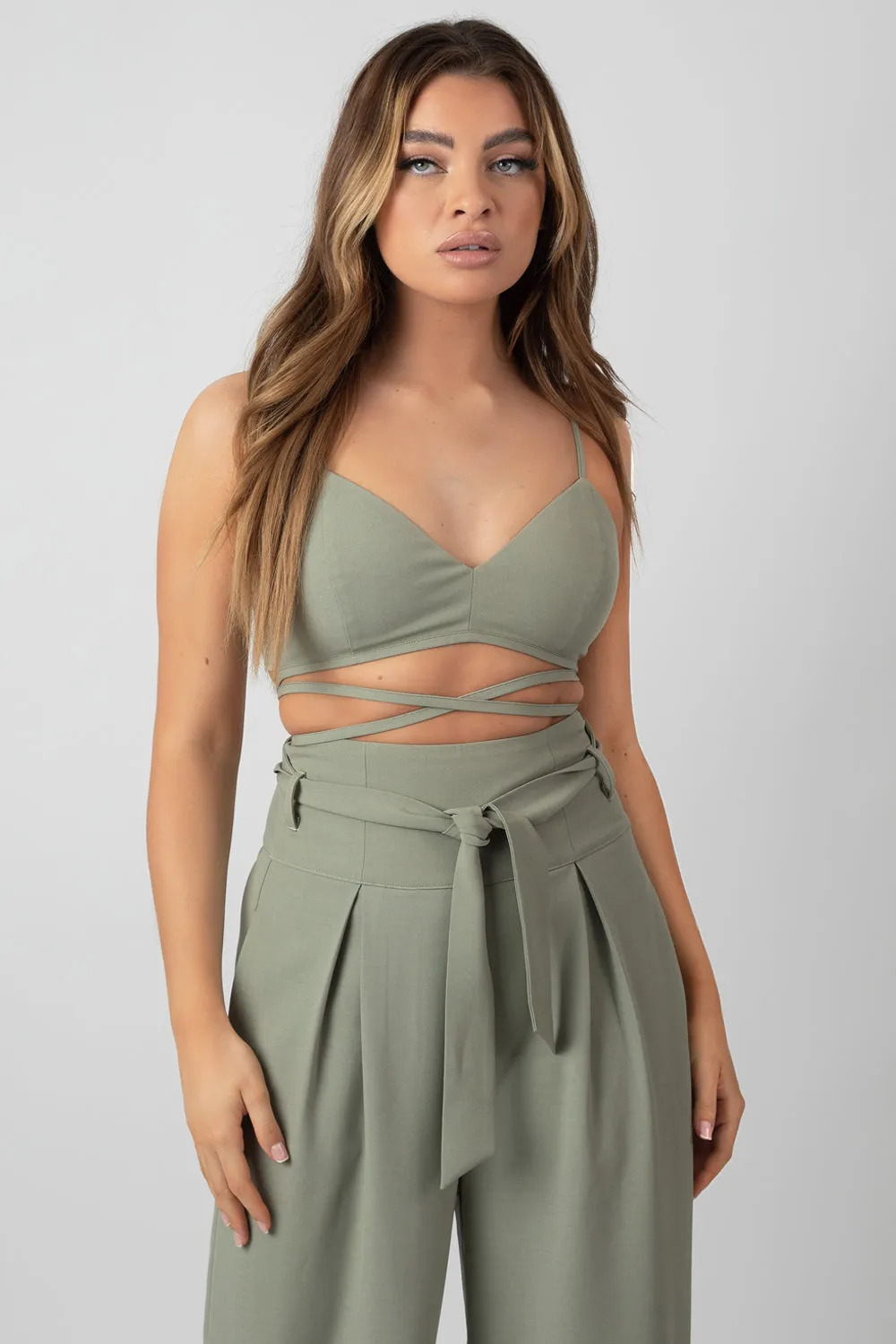 Premium Tie Wrap Detail Bralet Sage sold by Public Desire