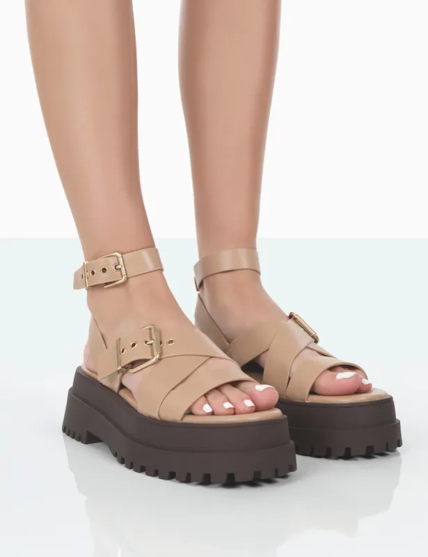 Follow Nude & Choc PU Chunky Buckle Sandals sold by Public Desire