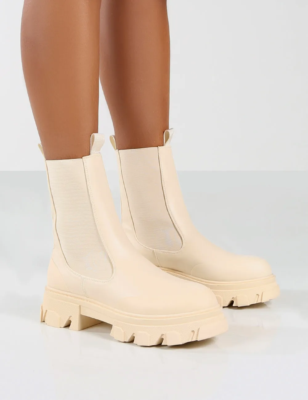Amber x Public Desire Wonder Cream PU Pocket Chunky Sole Ankle Boot sold by Public Desire