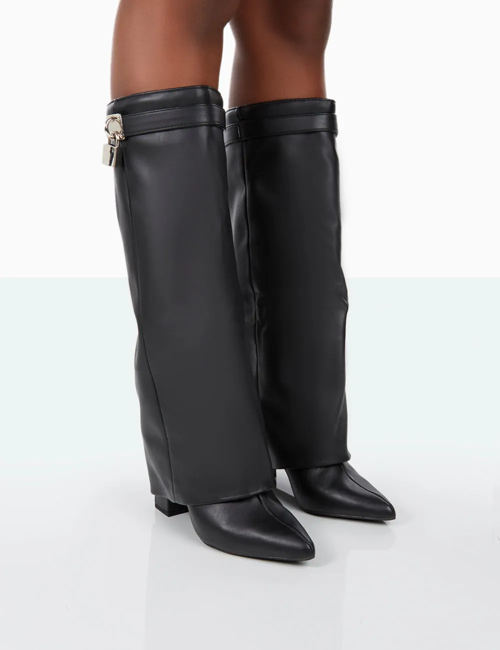 Echo Black Grain Pu Pointed Toe Knee High Block Boots sold by Public Desire