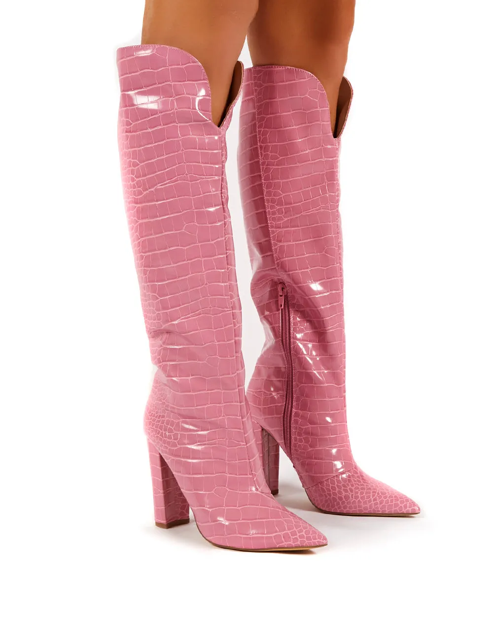 Slow Pink Croc Knee High Block Heel Boots sold by Public Desire
