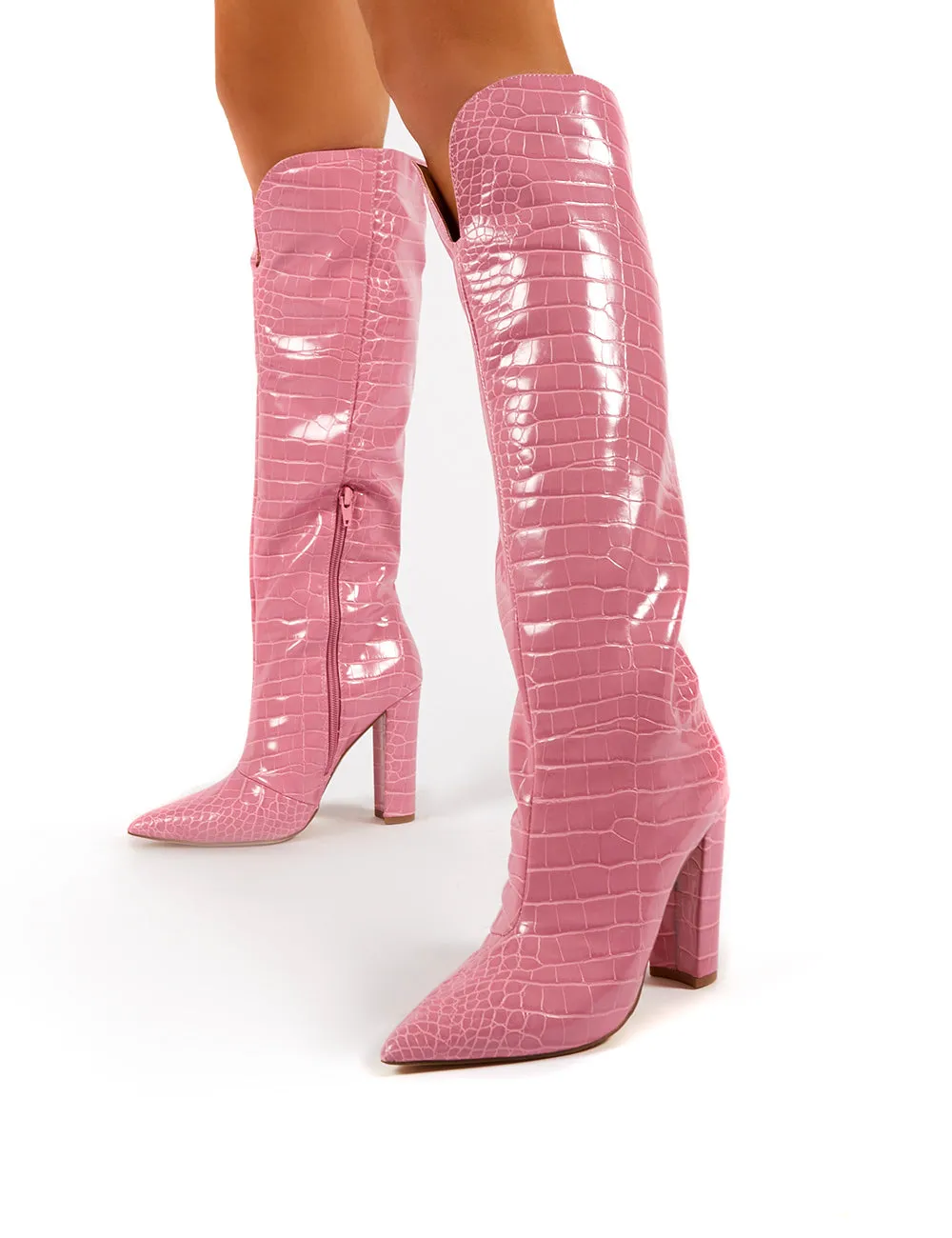 Slow Pink Croc Knee High Block Heel Boots sold by Public Desire product image thumbnail 4