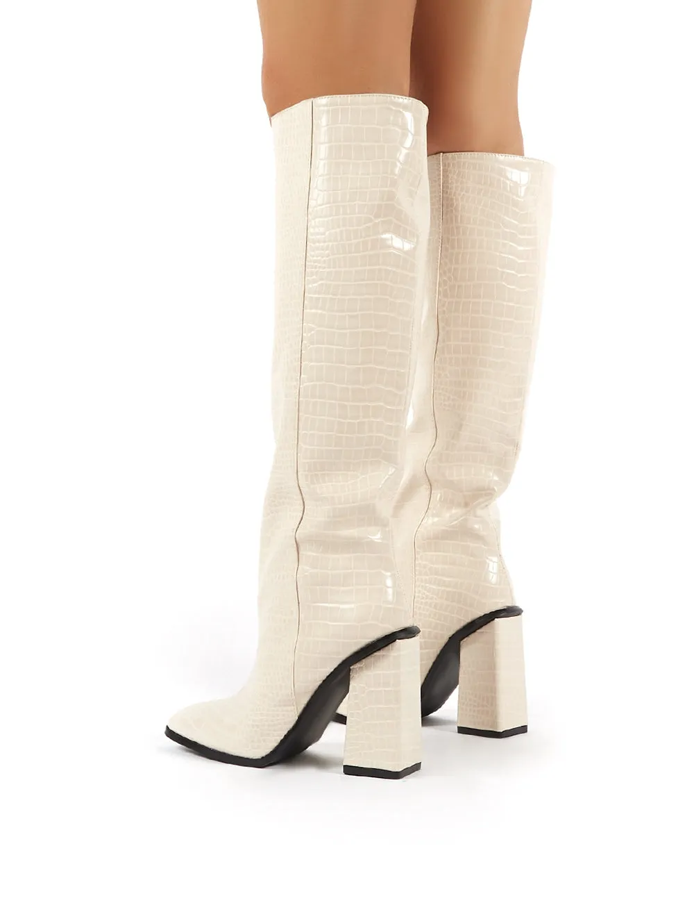 Zina Beige Croc Square Toe Block Heeled Knee High Boots sold by Public Desire product image thumbnail 4