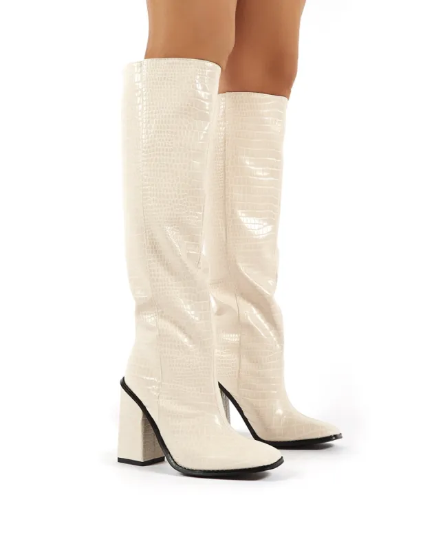 Zina Beige Croc Square Toe Block Heeled Knee High Boots sold by Public Desire