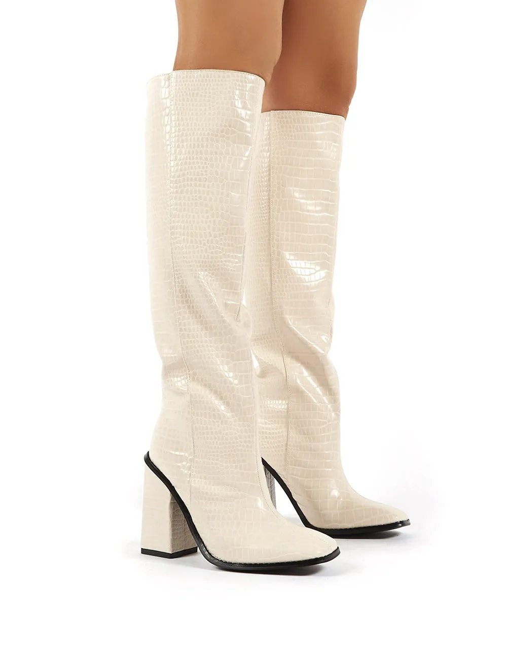Zina Beige Croc Square Toe Block Heeled Knee High Boots sold by Public Desire