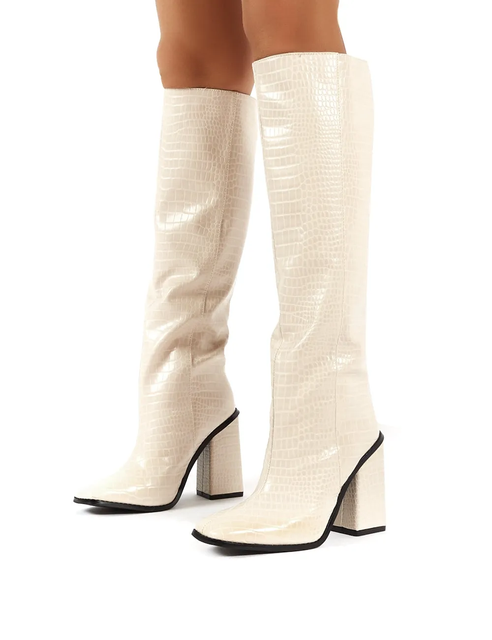 Zina Beige Croc Square Toe Block Heeled Knee High Boots sold by Public Desire product image thumbnail 2