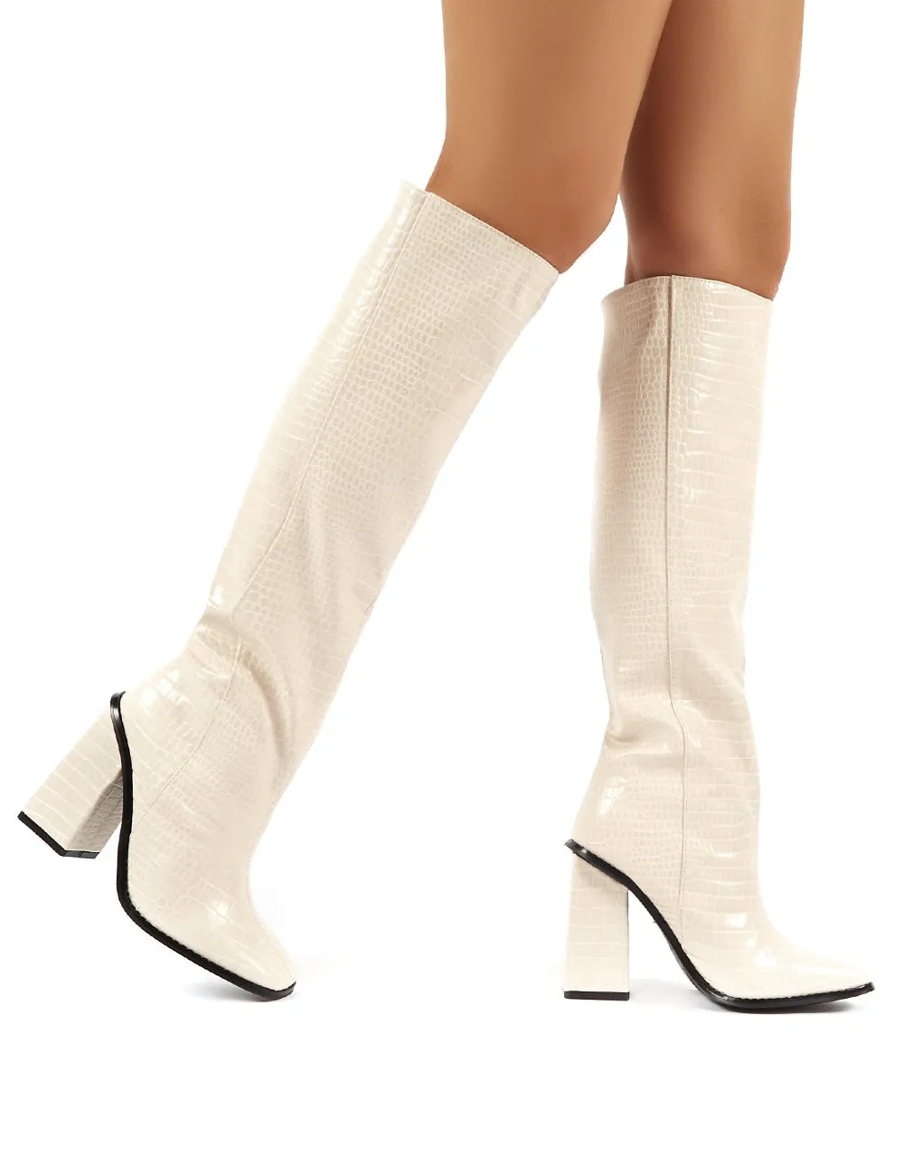 Zina Beige Croc Square Toe Block Heeled Knee High Boots sold by Public Desire product image thumbnail 3