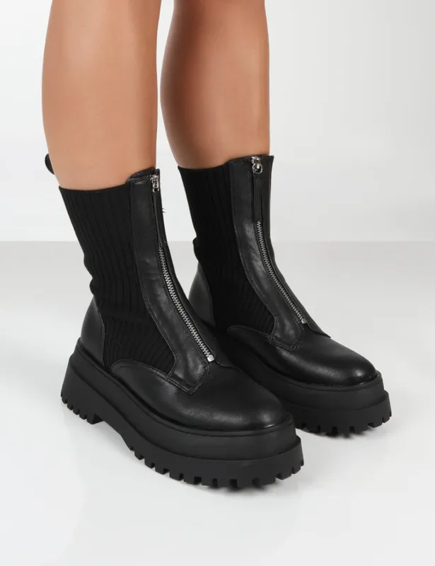 Code Black PU Chunky Zip Up Detail Ankle Boots sold by Public Desire
