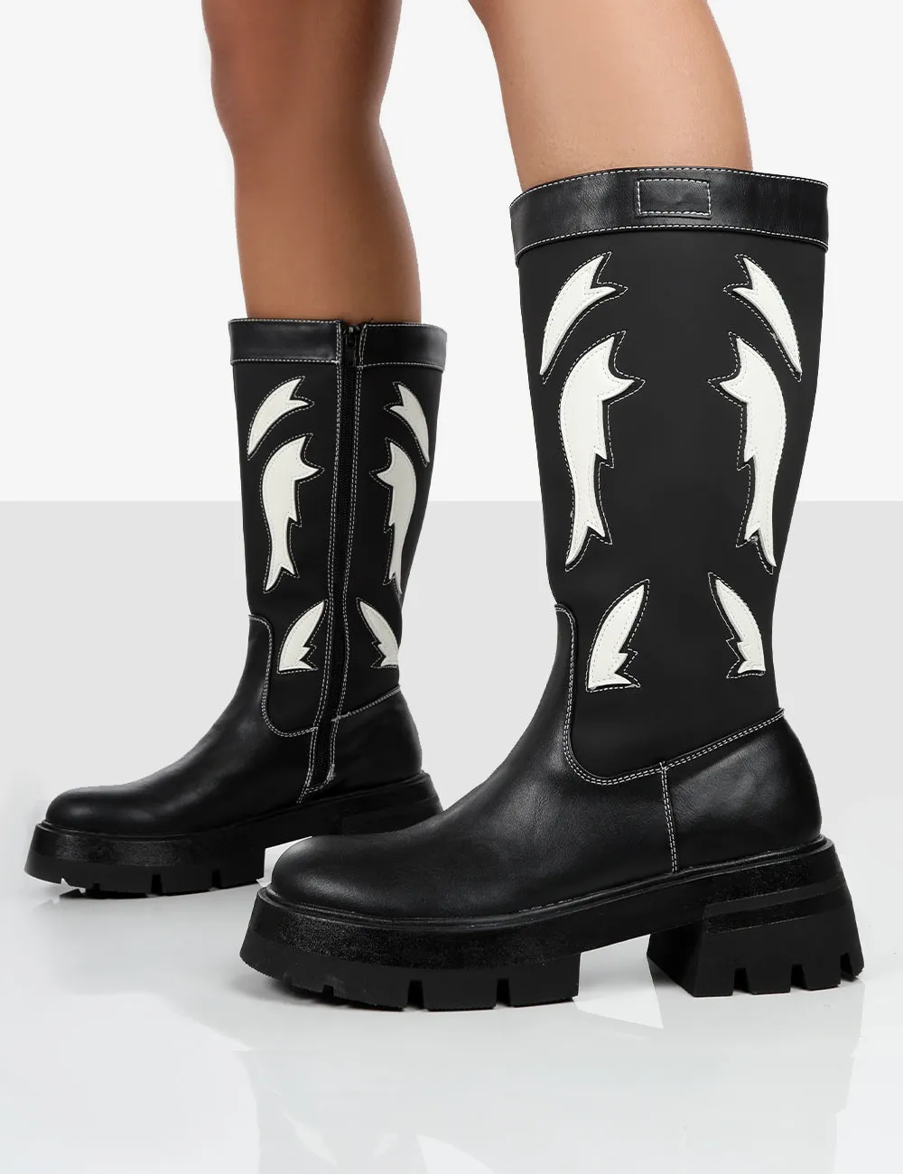 Fly Away Black Pu Western Cowboy Platform Chunky Sole Knee High Boots sold by Public Desire product image thumbnail 4