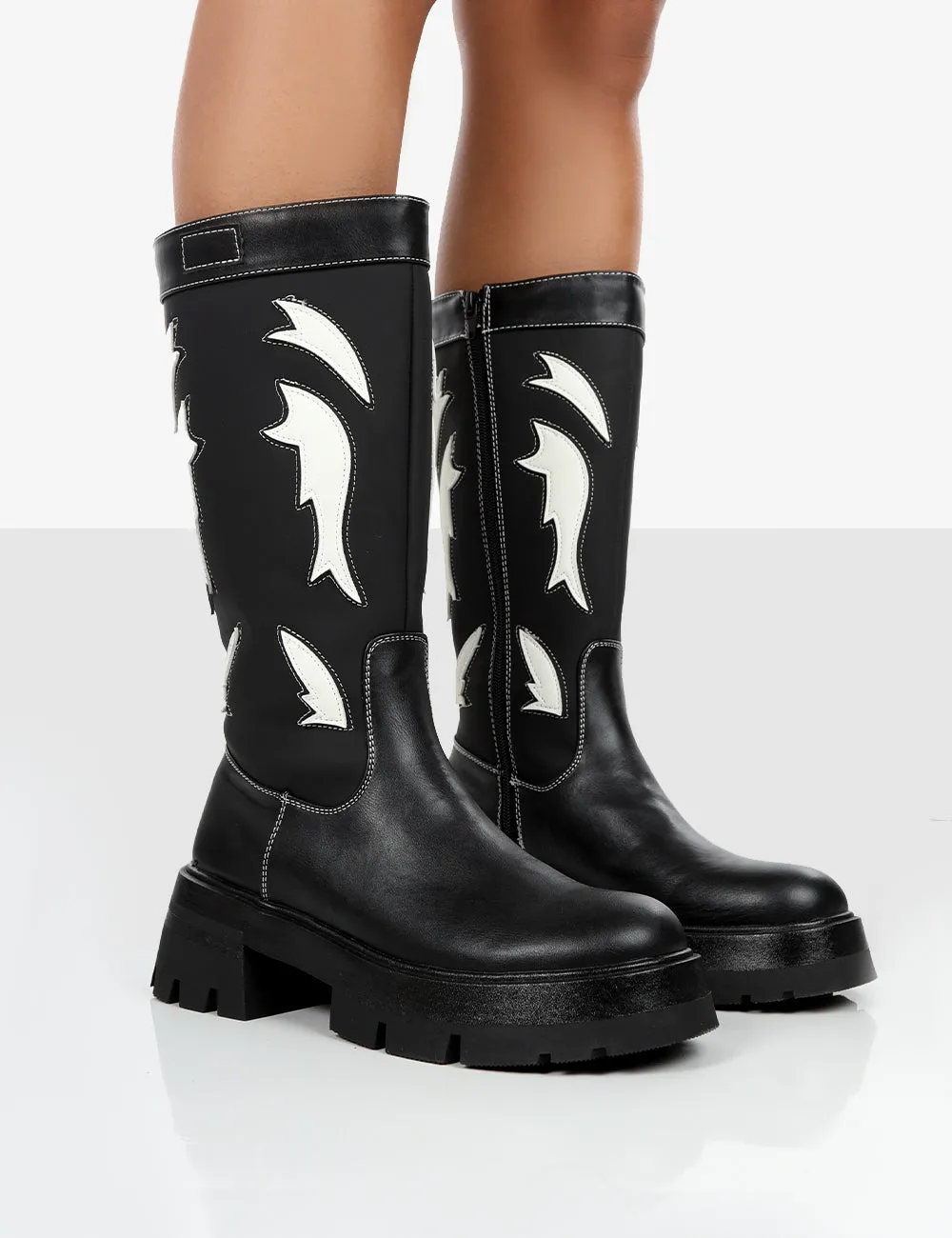 Fly Away Black Pu Western Cowboy Platform Chunky Sole Knee High Boots sold by Public Desire