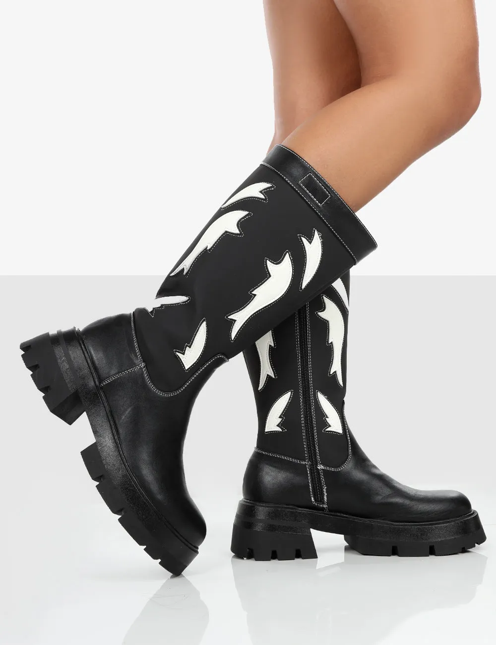 Fly Away Black Pu Western Cowboy Platform Chunky Sole Knee High Boots sold by Public Desire product image thumbnail 2