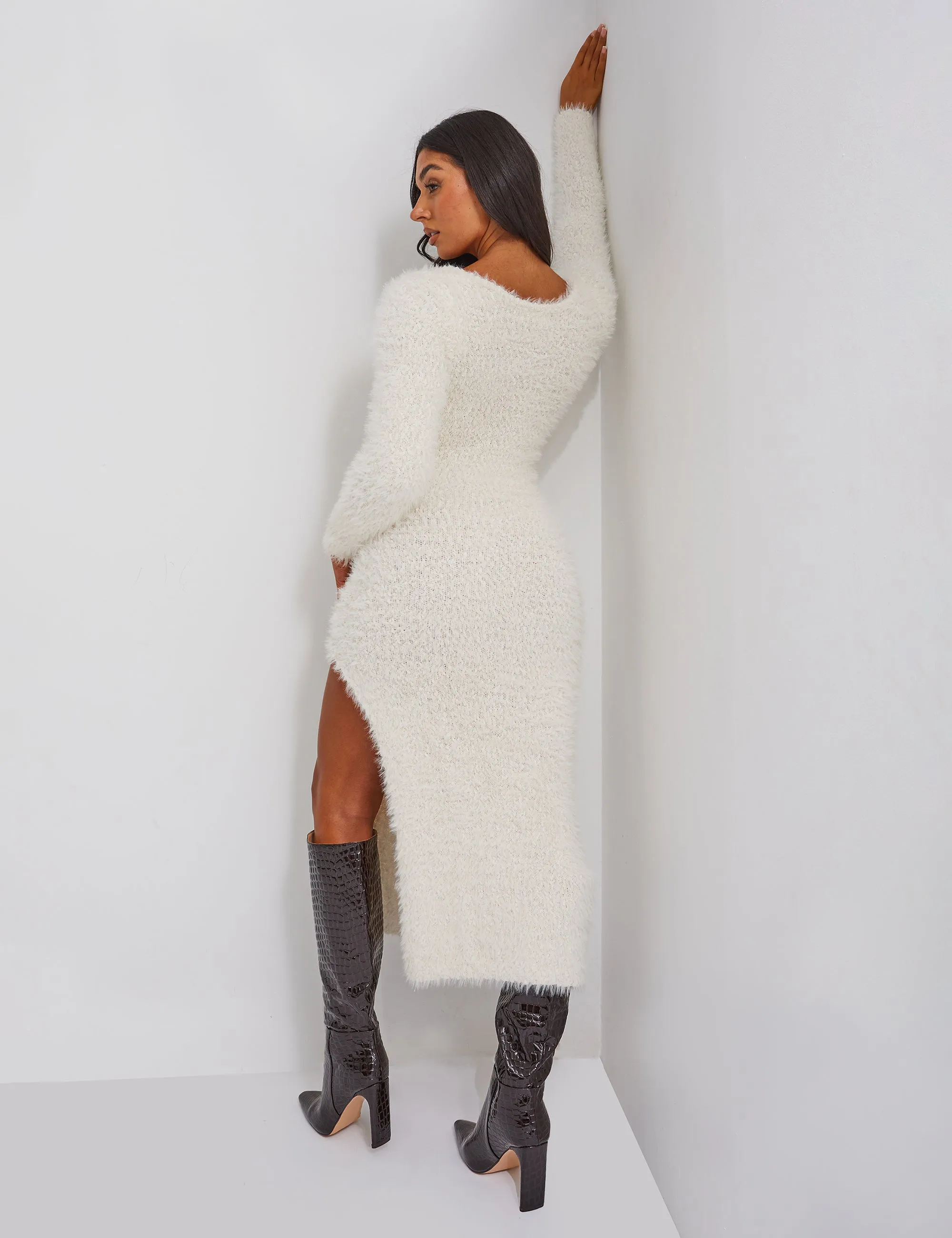 Kaiia Plunge Maxi Boucle Jumper Dress in Cream sold by Public Desire product image thumbnail 4