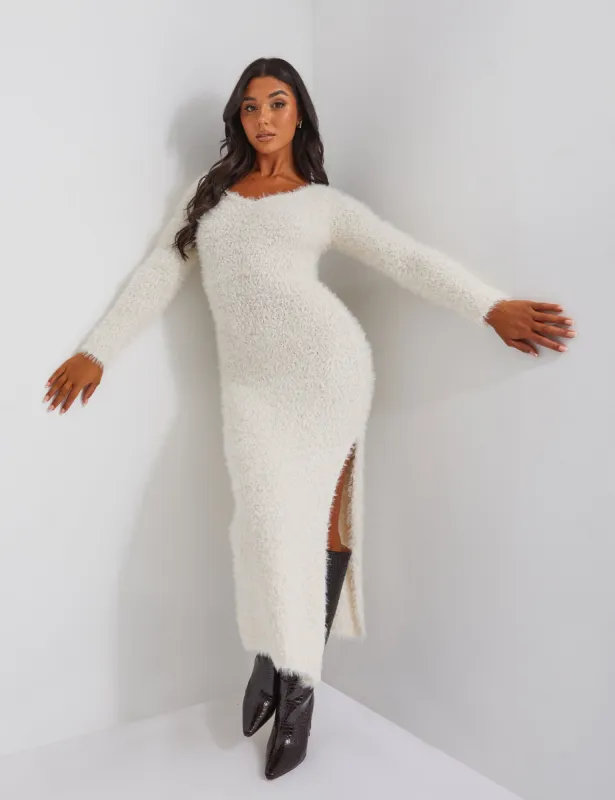 Kaiia Plunge Maxi Boucle Jumper Dress in Cream sold by Public Desire