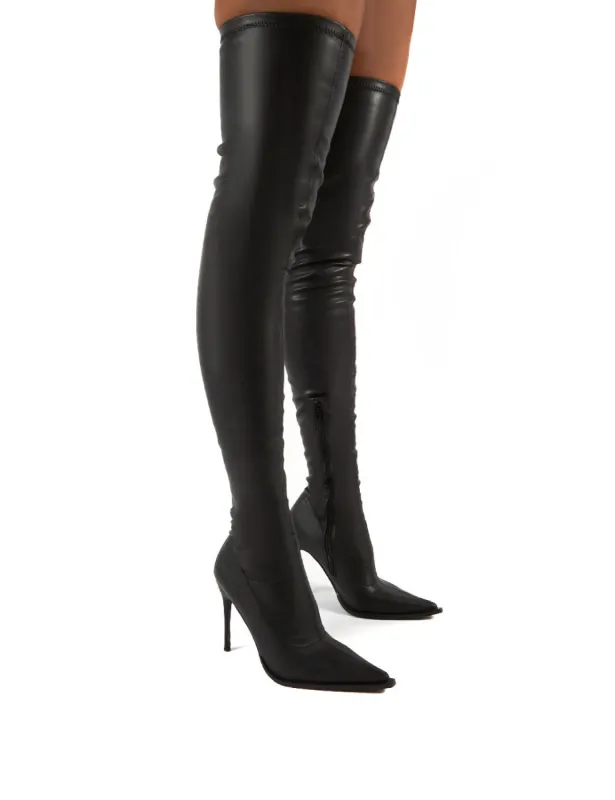 Reaction Black Pu Stiletto Heeled Over The Knee Boots sold by Public Desire