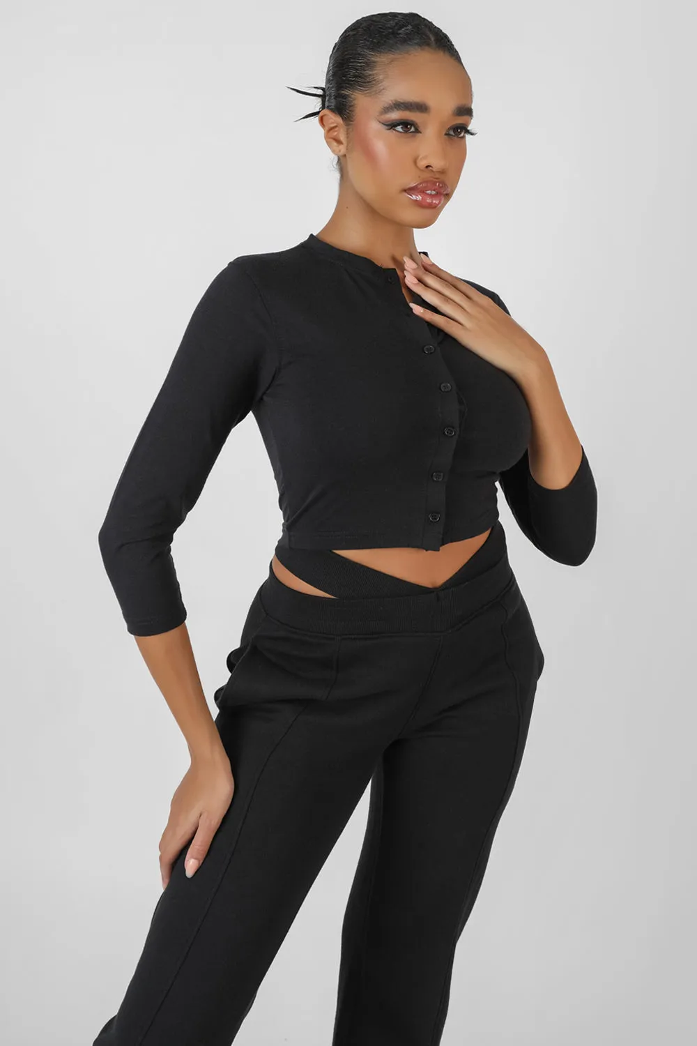 Button Front Long Sleeve Crop Top Black sold by Public Desire product image thumbnail 4