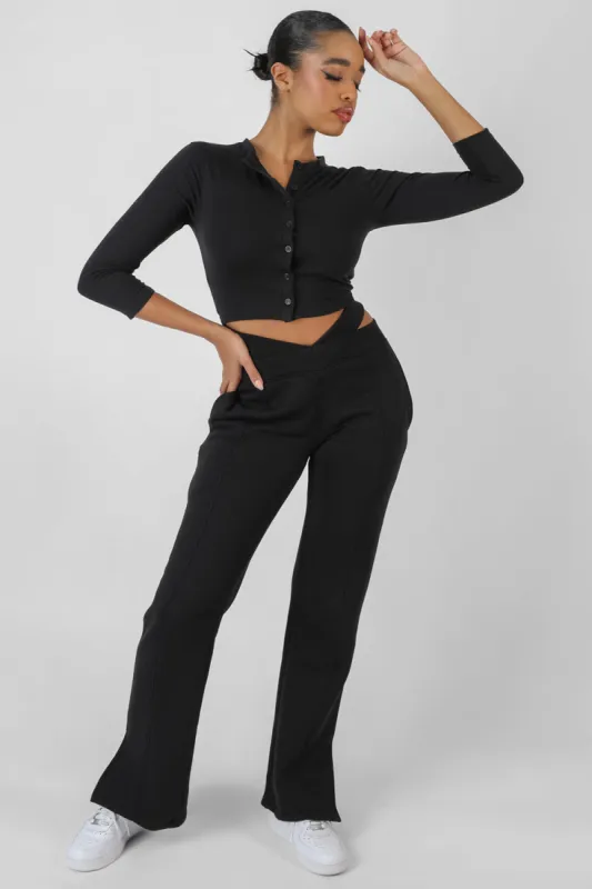 Button Front Long Sleeve Crop Top Black sold by Public Desire