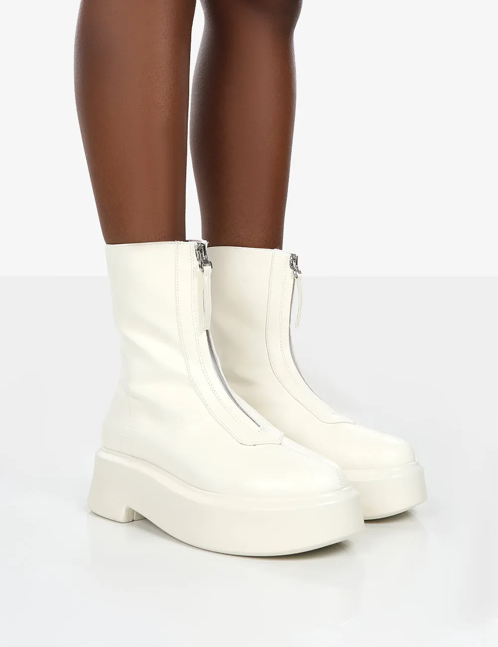 Indigo Ecru PU Platform Chunky Sole Zip Through Ankle Boot sold by Public Desire