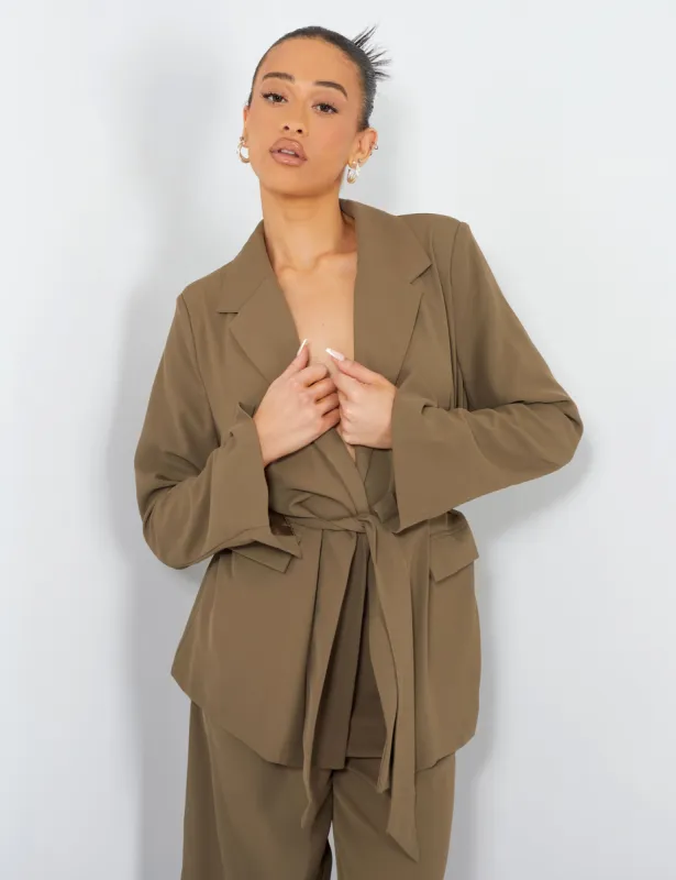 Tie Waist Blazer Khaki sold by Public Desire