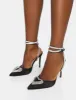 Cupid Black Satin Diamante Heart Wrap Around Pointed Stiletto Heels sold by Public Desire