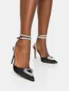 Cupid Black Satin Diamante Heart Wrap Around Pointed Stiletto Heels sold by Public Desire