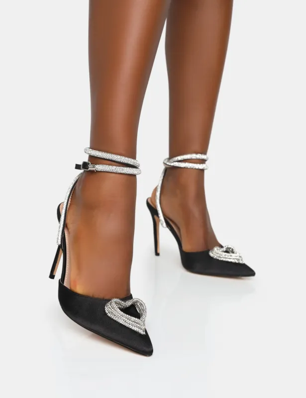 Cupid Black Satin Diamante Heart Wrap Around Pointed Stiletto Heels sold by Public Desire